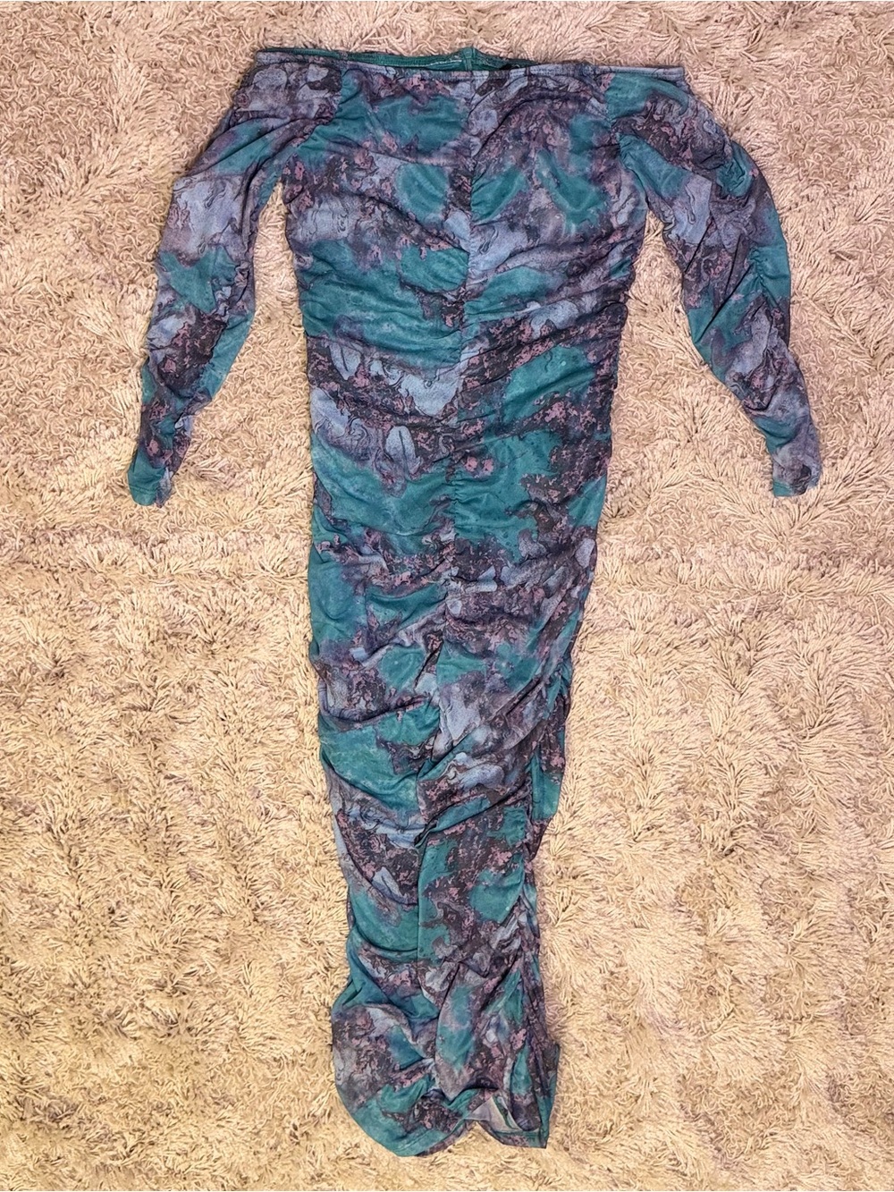 Zara Teal Abstract Ruched Mesh Off Shoulder Bodycon Maxi Dress M Y2K
